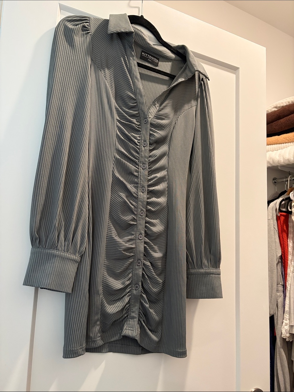 Kittenish Light Gray Pinstripe Ruched Button-Down Blouse